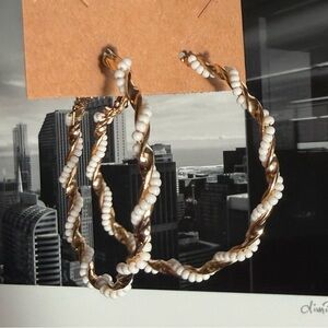 Rock & Vibe Twisted Boho Moto Gold White Beaded Hoop Earrings